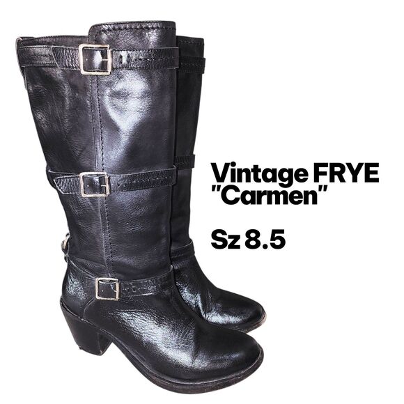 FRYE CARMEN 8.5 Vintage Black Distressed Leather Western Heel Cowgirl Midi Boots - Picture 1 of 16